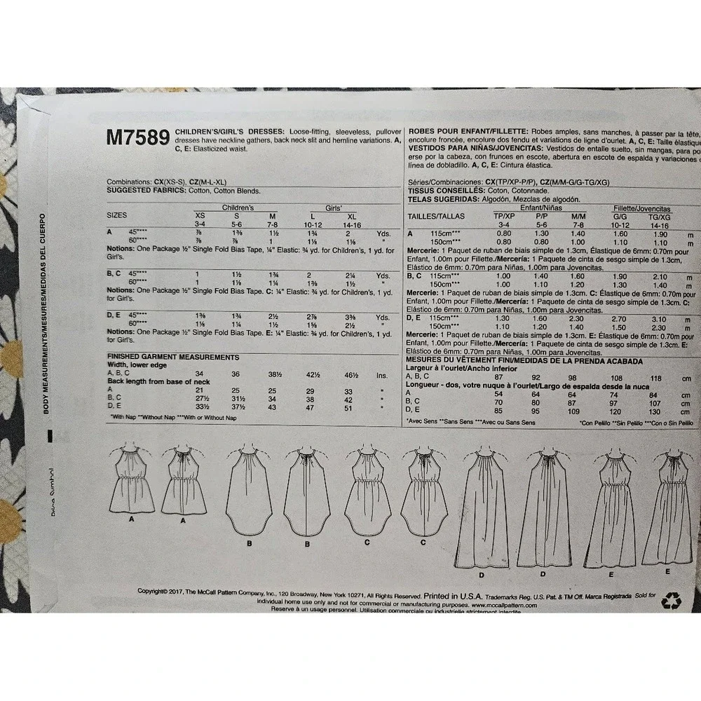 McCalls M7589 Sewing Pattern Girls Sleeveless Pullover Dresses Size XS-S Uncut